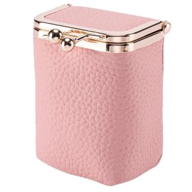 Imagem de Axcvveiyi Estojo de batom de couro genuíno com espelho, mini bolsa de cosméticos macia durável para mulheres, bolsa de higiene pessoal retrô Kiss Lock adequada para retoque diário, rosa, Vintage