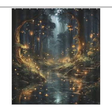 Imagem de Fantástica cortina de chuveiro floresta, abstrata gótica escura sonhadora maigical árvore ribeirinha estampa selva decoração de casa de banho tecido impermeável conjunto com 12 ganchos de plástico