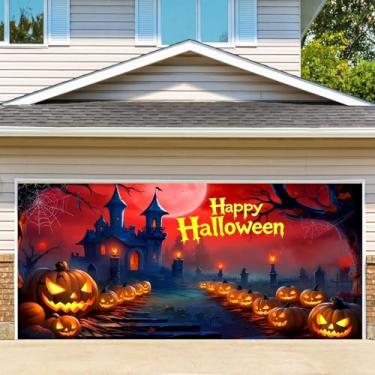 Imagem de TTCHANG Banner de porta de garagem de Halloween Feliz Dia das Bruxas Decorações de pendurar decoração de pano de fundo para casa parede interior exterior quintal festa em casa, castelo 2,1 x 5,9 m