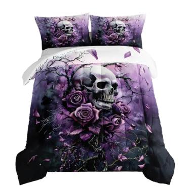 Imagem de HOSIMA Jogo de cama solteiro de caveira da morte, estampa gótica, crânio cercado por flores, estampa de ramo, tema de terror, para decoração de quarto de adolescentes e meninas, com 2 fronhas.