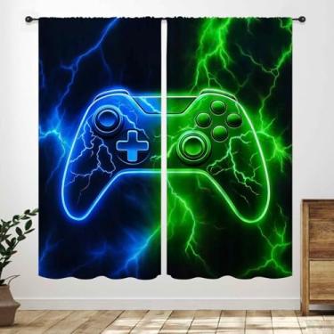 Imagem de Lnepty Cortinas de jogos para quarto de meninos, controle de vídeo, gamepad, azul, verde, tratamentos de janela, quarto de meninas, crianças, sala de estar, sala de jogos, 2 painéis, 106 x 113 cm