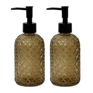 Imagem de Dispensador de sabão de vidro marrom para cozinha, conjunto de dispensador de sabonete líquido de 382 g, frasco de loção de cristal recarregável para decoração de casa moderna, bancada de banheiro