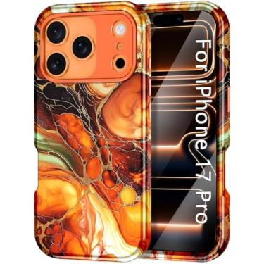 Imagem de Btscase Capa compatível com iPhone 17 Pro de 6,3 polegadas 2025, padrão de mármore, 3 em 1, resistente, à prova de choque, de corpo inteiro, resistente, PC rígido + silicone macio, capas de telefone