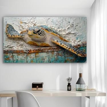 Imagem de Arte de parede em tela rústica com relevo de tartaruga - Pôster sem moldura de 30 x 61 cm - Decoração de casa e escritório para sala de estar, quarto, cozinha e café