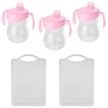 Imagem de Kit 2 Tábua Branca Plástica de Corte Pequena + 3 Garrafa Infantil 310ml Plástica Atóxica Rosa
