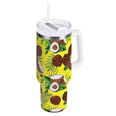 Imagem de Copo com isolamento de queda de 850 g com alça e tampa de palha, copo amarelo coco à prova de derramamento com canudo