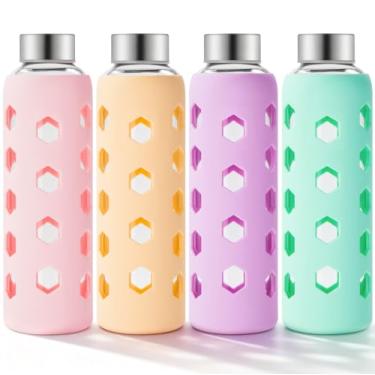 Imagem de Mrsdry Garrafas de suco de vidro com tampas e mangas de silicone 510 g, pacote com 4 garrafas de água de vidro transparente reutilizáveis com tampa hermética de aço inoxidável para sucos, geladeira