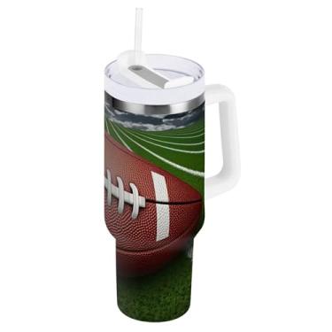 Imagem de ODAWA Copos de aço inoxidável isolados verdes esportivos de futebol com alça e tampa de palha, copo isolado grande