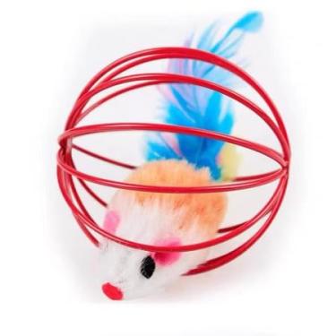 Imagem de Brinquedo Interativo para Gatos e Cães com Rato de Pelúcia, Bola de Aço Inoxidável 6,5cm e Penas, Multicolorido, Atóxico, 12x3x3cm