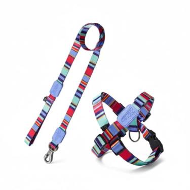 Imagem de Peitoral em X e Guia para Cães, Poliéster Listrado Violeta e Vermelho, Tamanho P, com Trava de Segurança, Mosquetão 360°, para Cães até 8kg, 46-54cm x 2cm