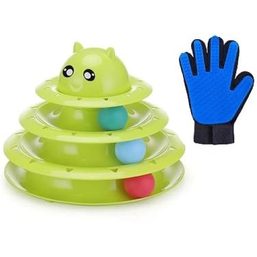 Imagem de Kit Brinquedo Interativo Torre De Bolinhas Para Gatos e Luva Nanomagnética (Verde Gatinho + Luva)