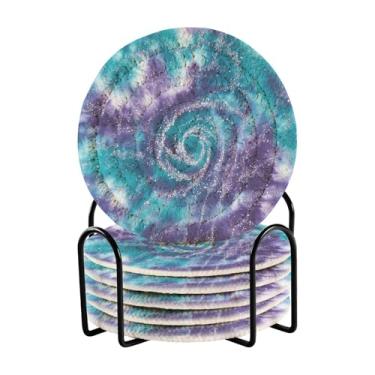 Imagem de Conjunto de 6 porta-copos de mesa redonda tie dye azul-petróleo roxo com rack de armazenamento preto porta-copos de mesa de centro