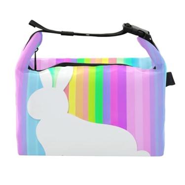 Imagem de TSENQUE Lancheira feminina com listras arco-íris de coelho branco com alça de ombro lancheira para trabalho animal adulto bolsa isolada floral para trabalho