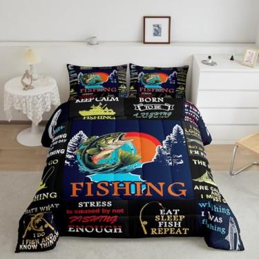 Imagem de jejeloiu Jogo de cama solteiro de peixe-lúcio, para crianças, pesca e caça, para meninos e meninas, adolescentes, capa de edredom azul ácido, respirável, macio, leve