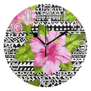 Imagem de GAIGEO Relógio de parede decorativo analógico redondo sem tique-taque silencioso quarto relógio de cozinha, decoração de parede moderna sala de estar hibisco flores rosa preto branco, 25 cm, ponteiros