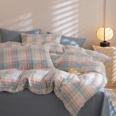Imagem de EAVD Conjunto de capa de edredom xadrez de algodão quadriculado tamanho queen colorido, conjunto de 3 peças, conjunto de cama quadriculado moderno com 2 fronhas, jogo de cama guingão reversível para