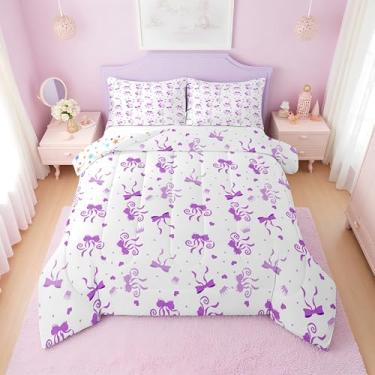 Imagem de Erosebridal Conjunto de edredom queen com laço roxo para meninas | Conjunto de cama com laço roxo fofo para crianças, mulheres, gravata borboleta, amor, decoração de quarto dos namorados, 2 fronhas