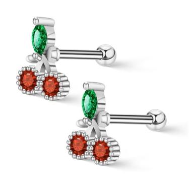 Imagem de Niaspi Brincos de cartilagem de cereja, aço inoxidável, cristal vermelho, 18G, tragus, hélice, piercing de concha, parafuso nas costas, fruta doce, joia de orelha delicada para mulheres, 18G, Aço