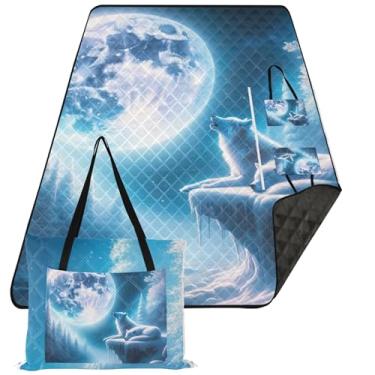 Imagem de TSENQUE Manta de praia dobrável à prova de areia com estampa de lobo uivante na lua, tapete para brincar ao ar livre para grama, 203 x 152 cm
