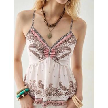 Imagem de Blusa feminina rosa e marrom Paisley Cami Top - alças finas franzido gola V camisola (P)