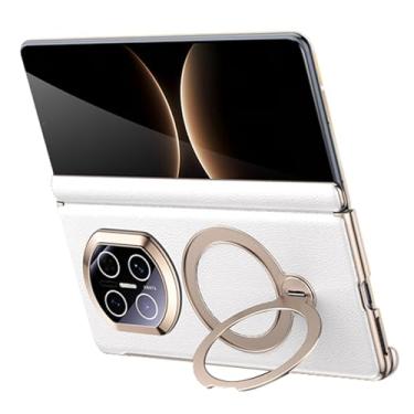 Imagem de POYUFRG Capa magnética para Huawei Mate X7, capa de couro galvanizado com proteção de dobradiça de lente completa com suporte de anel de metal giratório, branca, Mate X7