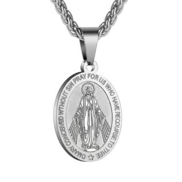 Imagem de DNBVII Colar oval de aço inoxidável com pingente de Virgem Maria para homens e mulheres - Medalha católica milagrosa, amuleto de proteção de fé religiosa com corrente de 61 cm (prata)