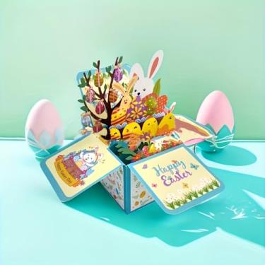 Imagem de Cartão pop-up 3D de Páscoa com envelope - Cartão de felicitações "Happy Easter" de coelho, ovo e floral, presente vibrante de primavera para amigos e familiares