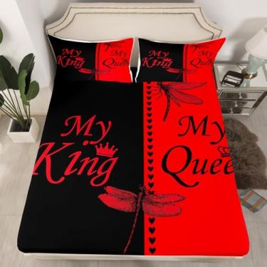 Imagem de Jogo de lençol Queen com libélula, tamanho King e Queen, para casais, preto e vermelho, animal rústico, 3 peças, para decoração de quarto de casal