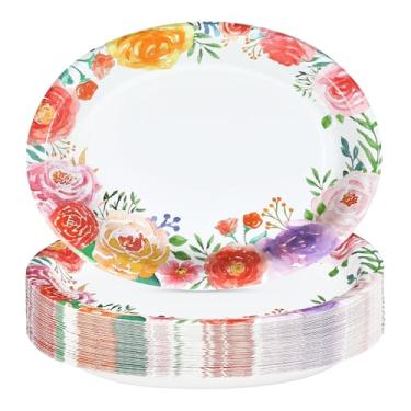 Imagem de Greencian 50 peças de pratos de papel ovais florais de 25,4 x 30,5 cm, grandes, descartáveis, resistentes, aquarela, flores de rosa, para primavera, verão, pratos florais para casamento, chá de panela