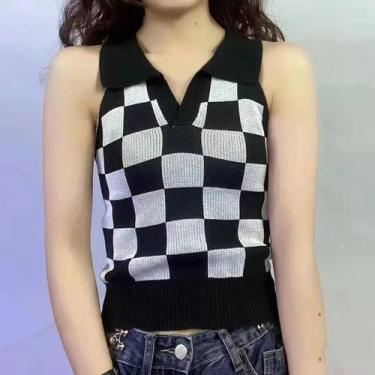 Imagem de Colete De Malha Sem Mangas Com Estampa De Xadrez Para Mulheres, Estilo