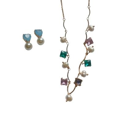 Imagem de Conjunto de Pérola e Turmalina Coloridas com Banho de Ouro 18k