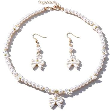Imagem de Zurlcdye Conjunto de brincos de colar de pérola com laço fofo pingente de declaração delicado pingente de joias de aniversário na moda acessórios presentes, Metal, Sem Pedra Preciosa