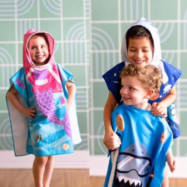 Imagem de Roupão de Banho Infantil Poncho com Capuz, 50x115cm, 100% Poliéster, Estampas Divertidas, 2-5 Anos (Listra Azul)