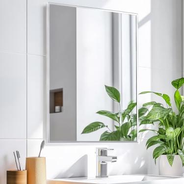 Imagem de Sunniry Espelho de banheiro prateado, espelhos de banheiro para pia 61 x 91 cm, espelhos retangulares com moldura de metal de alumínio para decoração de parede, sala de estar, entrada, quarto.