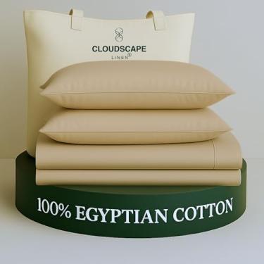 Imagem de Jogo de cama casal de algodão egípcio de camada dupla Cloud Scape Linen – Trama de cetim de fibra longa, conjunto de cama macio de qualidade hoteleira de 4 peças, bolsos profundos de até 43 cm, linho