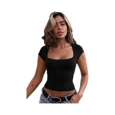 Imagem de Camiseta Feminina Slim Fit Com Decote U E Manga Curta, Top Casual Sexy