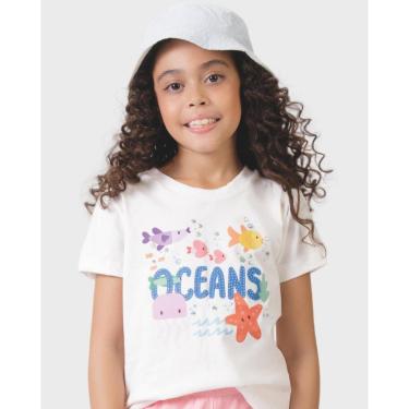 Imagem de Camiseta Oceans com verão brilho frescor divertida infantil - OffWhite e Rosa - Menina 4 a 14 anos-Feminino