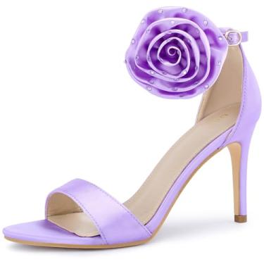 Imagem de Perphy Sandálias femininas de salto agulha de cetim com tira no tornozelo floral, Roxa, 35