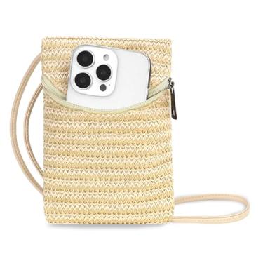 Imagem de BBORGDC Bolsa transversal de palha para celular feminina, pequena bolsa de celular de tecido com zíper, mini transversal leve de verão para férias, viagens e todos os dias