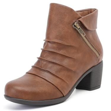 Imagem de Ruiee Botas de cano curto femininas de salto grosso, modernas, confortáveis, bico redondo, salto médio baixo, inverno, outono., Marrom PU 303, 40