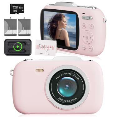 Imagem de Câmera digital rosa 5K 80MP com zoom de 18x, cartão SD de 32 GB, 2 baterias recarregáveis e carregador duplo, câmera compacta de apontar e fotografar para meninas, adolescentes, iniciantes, com cartão