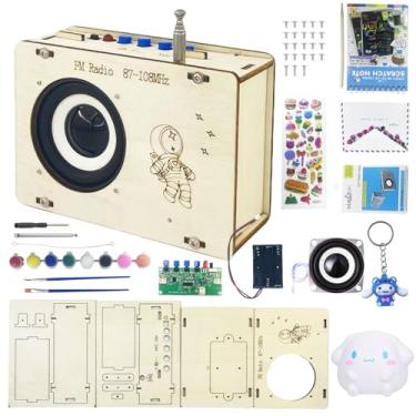 Imagem de Kit de rádio DIY infantil FM de madeira 87-108MHz Kits de ciência para idades 9-11 12-13 STEM para idades 8-10 anos com pincéis coloridos Livro para colorir Adesivos, pingentes e brinquedos de apertar