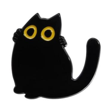 Imagem de Broche De Esmalte Gato Preto Desenho Animado Olhos Grandes Gatinho Ani