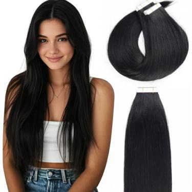 Imagem de Lacer Extensões de cabelo humano fita adesiva para extensões de cabelo humano 50 cm fita dupla face extensões de cabelo em 20 peças 50 g cor sem costura 1 preto azeite