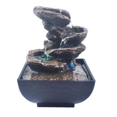 Imagem de YOUUGIOR Fonte de água de mesa, 4 camadas, resina, madeira, cascata, fonte de água de mesa com luzes LED para escritório e casa