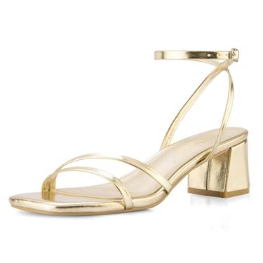 Imagem de Shoe'N Tale Salto com tiras para mulheres, salto baixo, grosso, salto quadrado, bico aberto, tira no tornozelo, sandálias de salto, Dourado, 39