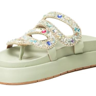 Imagem de Papete Flatform Feminina com Pedras Naturais, Preta, Dourada e Verde, Couro Sintético, Plataforma 3.5cm, Tiras Decoradas, Casual e Elegante (Azul-Multicolor, BR, Adulto, Numérico, 36)