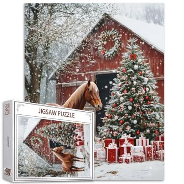Imagem de Quebra-cabeça de madeira vermelha 1000 peças para adultos pintura de árvores de Natal quebra-cabeça animal cavalo 1000 peças jogo decoração de parede casa artesanato inverno floresta arte caixa de