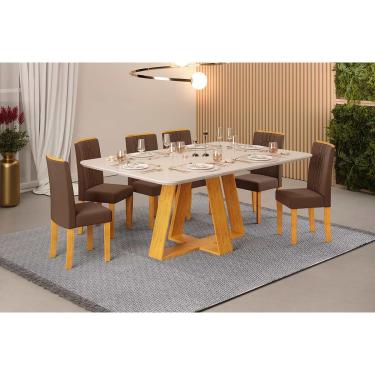 Imagem de Conjunto: Mesa Sala Jantar Celeste c/ Tampo Madeirado c/ Vidro Retangular 160x90cm e 6 Cadeiras Zoe Cedro/Off White - Suede Moca - DJ Móveis