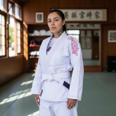 Imagem de Kimono Jiu Jitsu Feminino Branco Costura Rosa Invictus, F0  Até 1,50m 